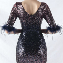 Elegant Feather Gradient Sequin Long Sleeve Evening Dress