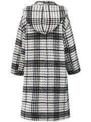 Winter Women Polo Collar Hooded Plaid Long Coat