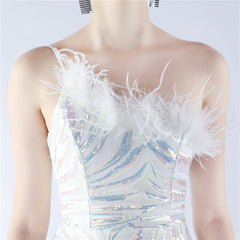 Elegant Floral Sequin Feather One Shoulder Evening Dress