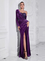 One Shoulder Long Sleeve Purple Sequined Slit Evening Dress