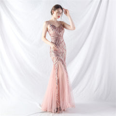 Elegant Sequin V-Neck Mesh Camisole Evening Dress