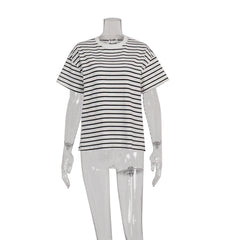 Short Sleeve Loose Cotton Crew Neck Striped T shirt