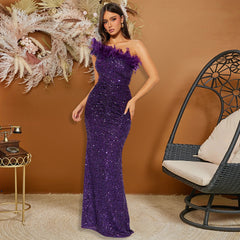 Black Paillette Feather Stitching Sequin Evening Dress