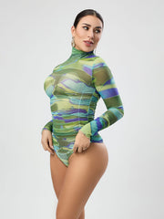 Long Sleeve Turtleneck See Through Printed Bodysuit