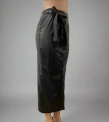 Women Black Faux Leather Slit Slim Skirt