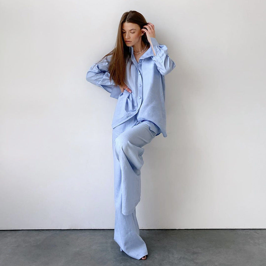 Blue Cotton Loose Long-Sleeved Pajamas Two Piece Set