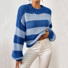 Women Round Neck Long Sleeves Stripes Sweater