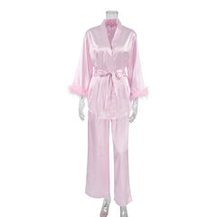 Autumn Pink Artificial Silk Feather Pajamas Two Piece Sets