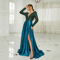 Elegant V-Neck Long Sleeve Sequin Evening Dress