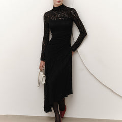 Women Lace Stitching Pleated Long Sleeve Dress