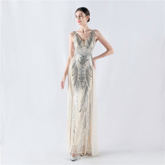 Women Floral Sequin with Cloak Craft Beaded Evening Dress