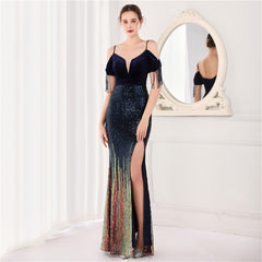 Elegant Velvet Short Sleeve Spaghetti Straps Evening Dress