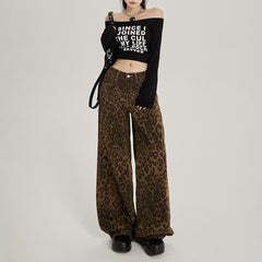 Retro Loose Leopard Print Wide Leg Jeans