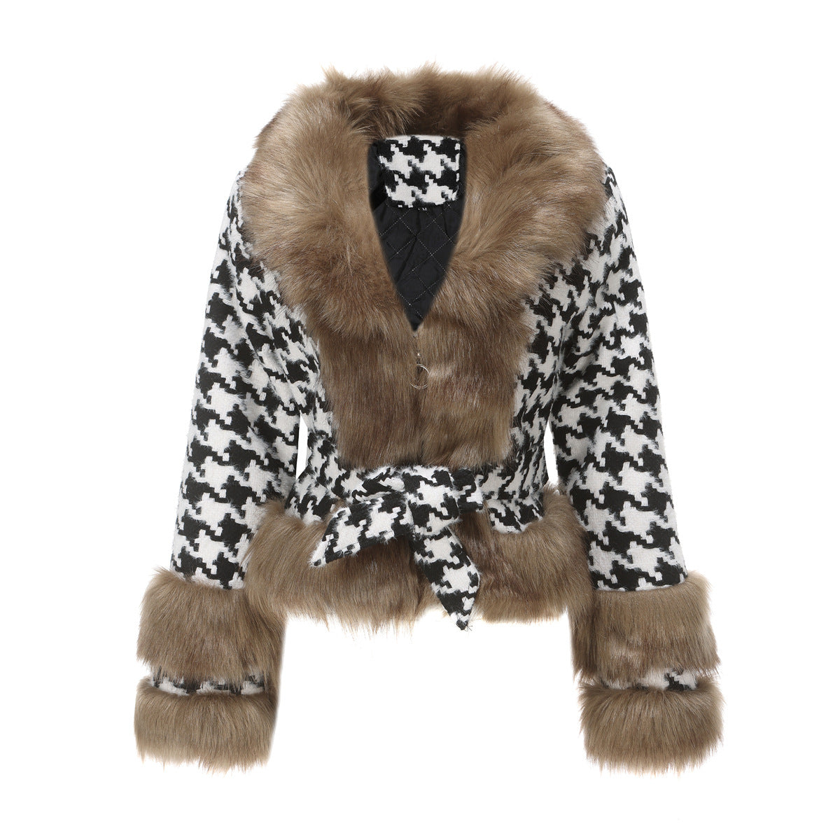 Women Plaid Detachable Short Fur Collar Houndstooth Coat