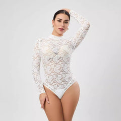 Sexy Lace White Long Sleeve Bodysuit