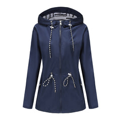 Women Hooded Striped Raincoat Mid Length Trench Coat