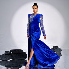 Long Sleeve Rhinestone Sequined Split Evening Dress