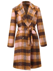 Women Double Breasted Color Contrast Check Woolen Coat