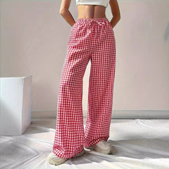 Women Loose Fitting Pink Plaid Drawstring Casual Wide Leg Pants