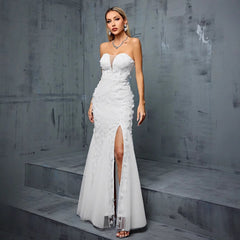 Elegant Beaded Embroidery V Neck White Evening Dress