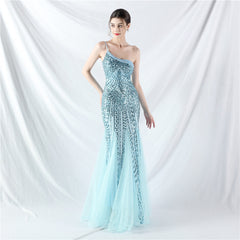 Elegant One Shoulder Beaded Floral Sequin Mesh Evening Dress