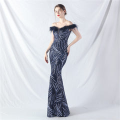 Elegant Boning Corset Ostrich Feather Sequined Evening Dress