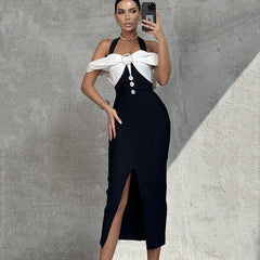 Black White Contrast Color Slits Halter Formal Dress