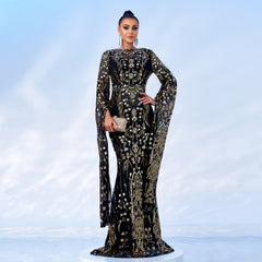 Long Sleeve Crew Neck Sequined Cocktail Evening Dress