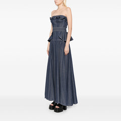 Elegant Denim Ruffled Tube Top Daily Dress