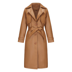 Women Long Loose Jacket Faux Leather Trench Coat