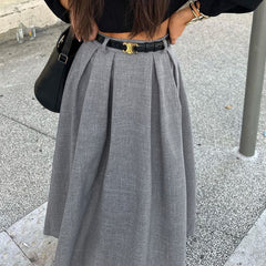 Retro Solid Color High Waist Pleated Long Skirt