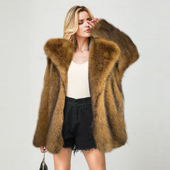 Autumn Winter Mid Length Warm Faux Fur Coat