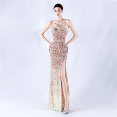 Elegant Feather Beaded Sequin One Shoulder Evening Dress