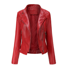 Women Slim-Fit Faux Leather Collared Leather Jacket