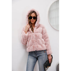 Short Solid Color Loose Hooded Faux Fur Coat