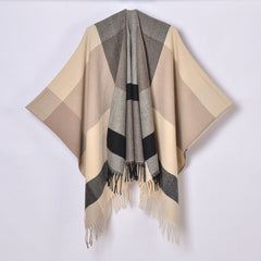 Women Classic Jacquard Tassel Slit Knitted Cape Plaid Shawl