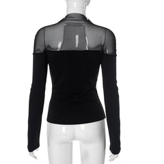 Women Mesh Mock Neck Slim Long Sleeve Top