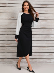 Retro Contrast Color Asymmetric Long Sleeves Dress