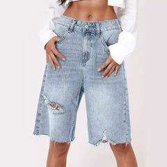 High Waist Retro Worn Loose Raw Hem Cropped Shorts