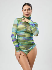 Long Sleeve Turtleneck See Through Printed Bodysuit