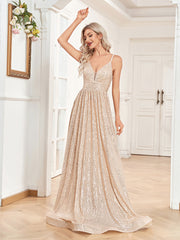 Sexy Backless Deep V Plunge Neck Sequined Evening Dress