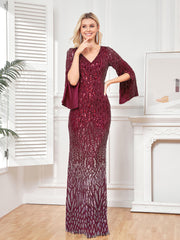 Long Sleeve Deep V Plunge Sequin Fishtail Evening Dress