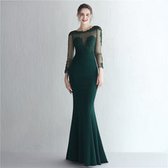 Elegant Satin Rhinestone Lace Long Sleeve Evening Dress