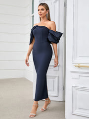 Elegant Pleated Shoulder Midi Formal Dress