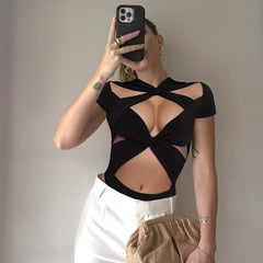 Sexy Lace up Cross Cutout Short Sleeve Bodysuit