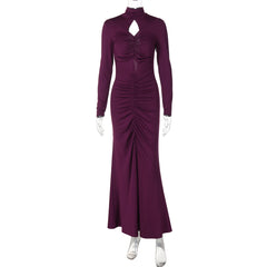 Women High Collar Cutout Pleated Long Sleeve Dress