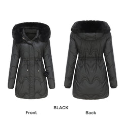 Women Detachable Hat Wool Warm Parka Mid Length Coat