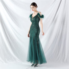 Elegant Ostrich Feather Mesh Sequin Evening Dress