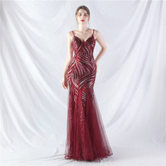 Elegant Sequin V-Neck Mesh Camisole Evening Dress