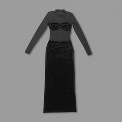 Black Long Sleeve Mesh Velvet Stitching Formal Dress